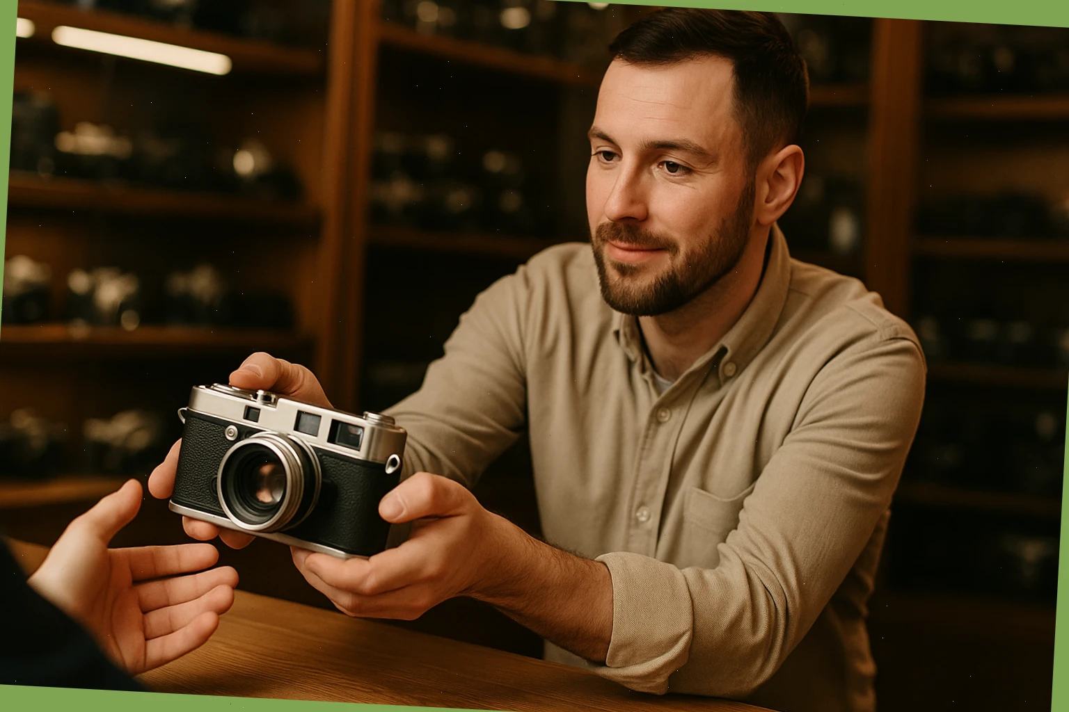 Attendant handing a loaded film camera at the counter