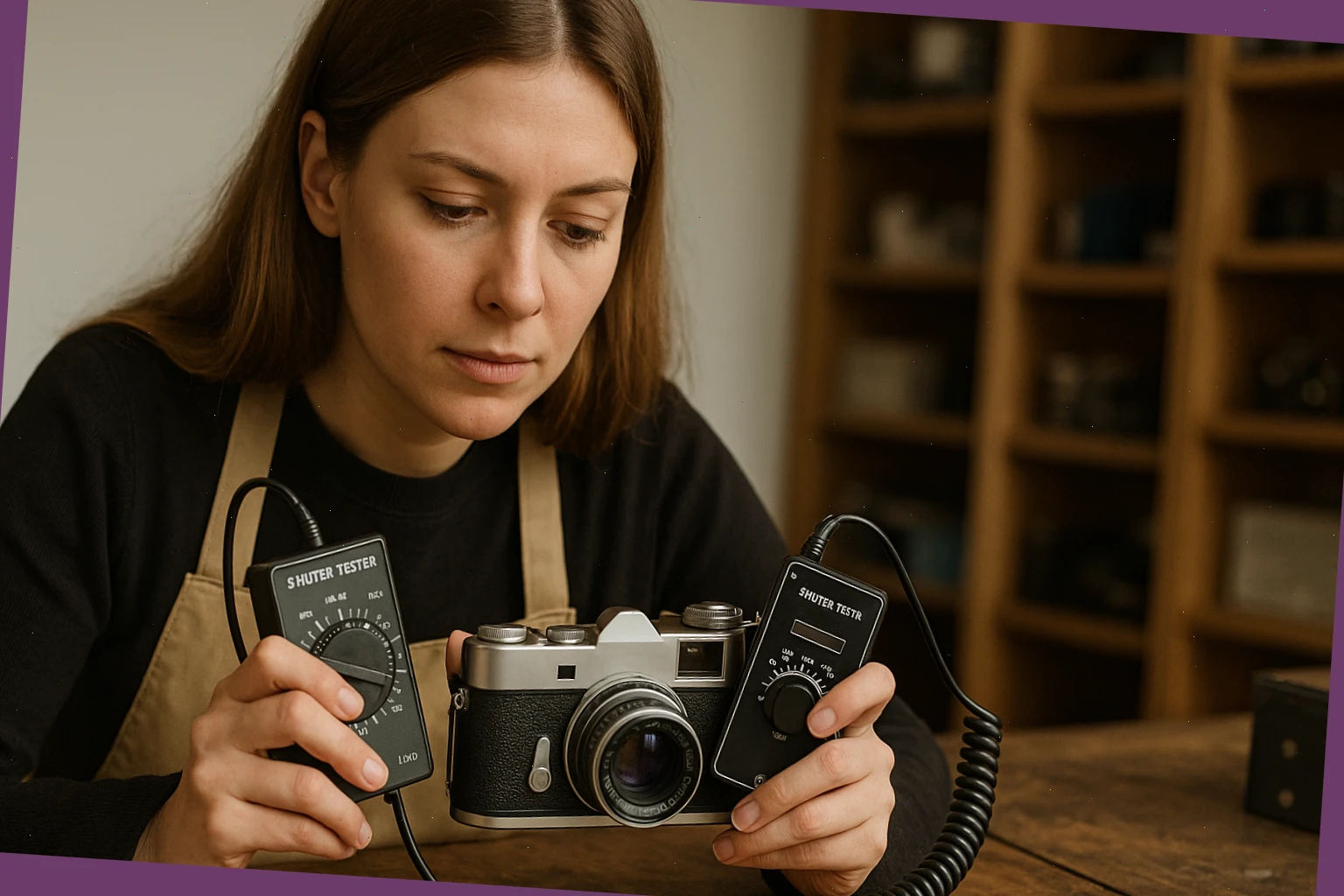Technician checking shutter speeds with a tester