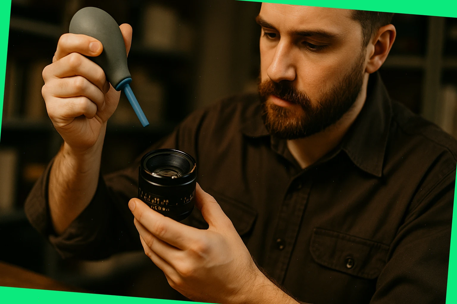 Staff member cleaning a vintage lens with a blower