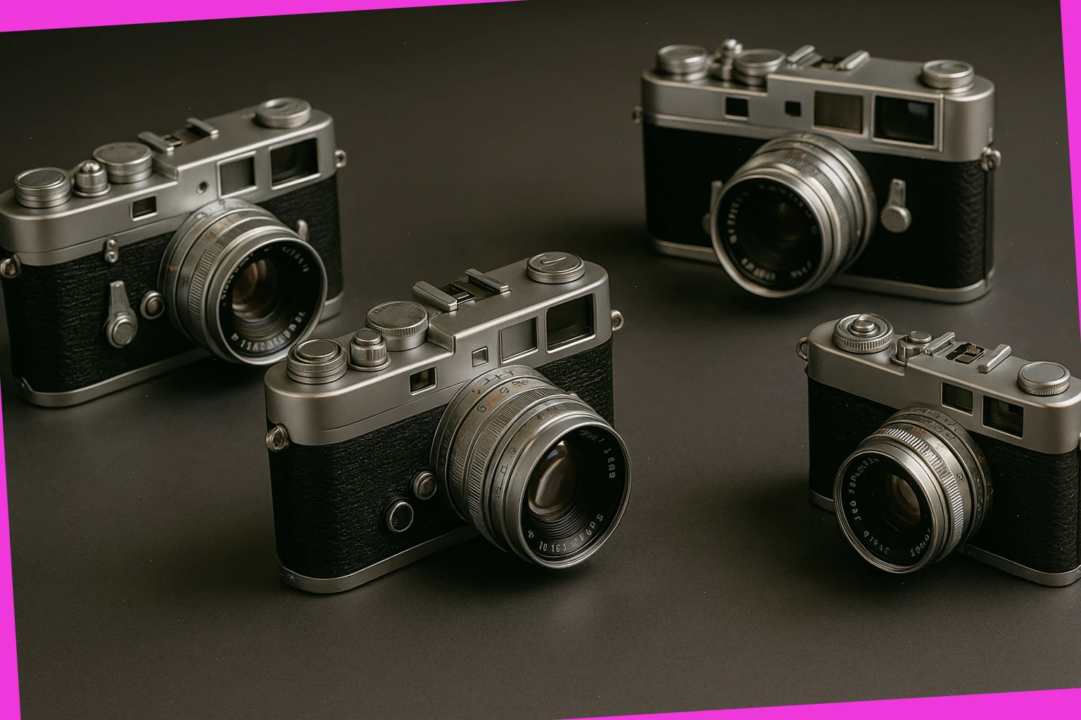Polished 35mm rangefinders on a studio table
