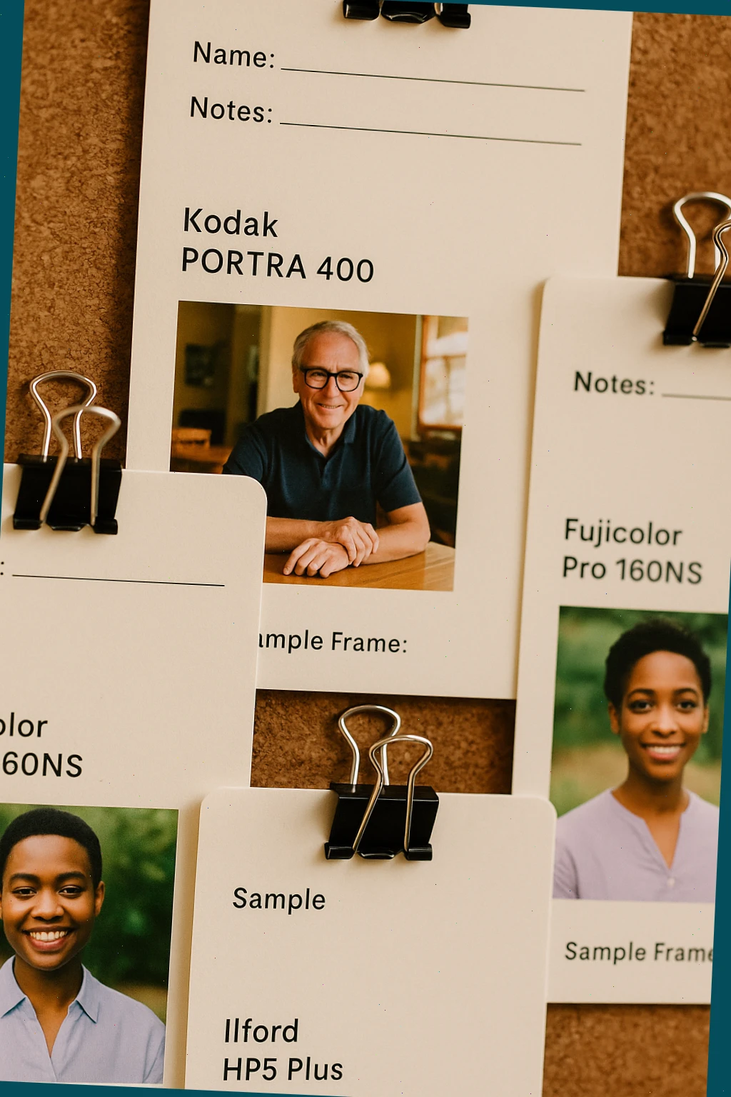 Customer note cards with film stocks and sample frames